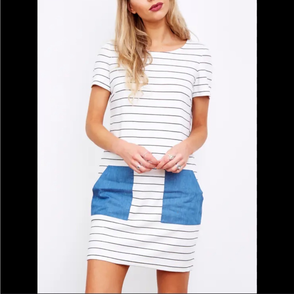 VILA white thin stripe dress with denim pockets